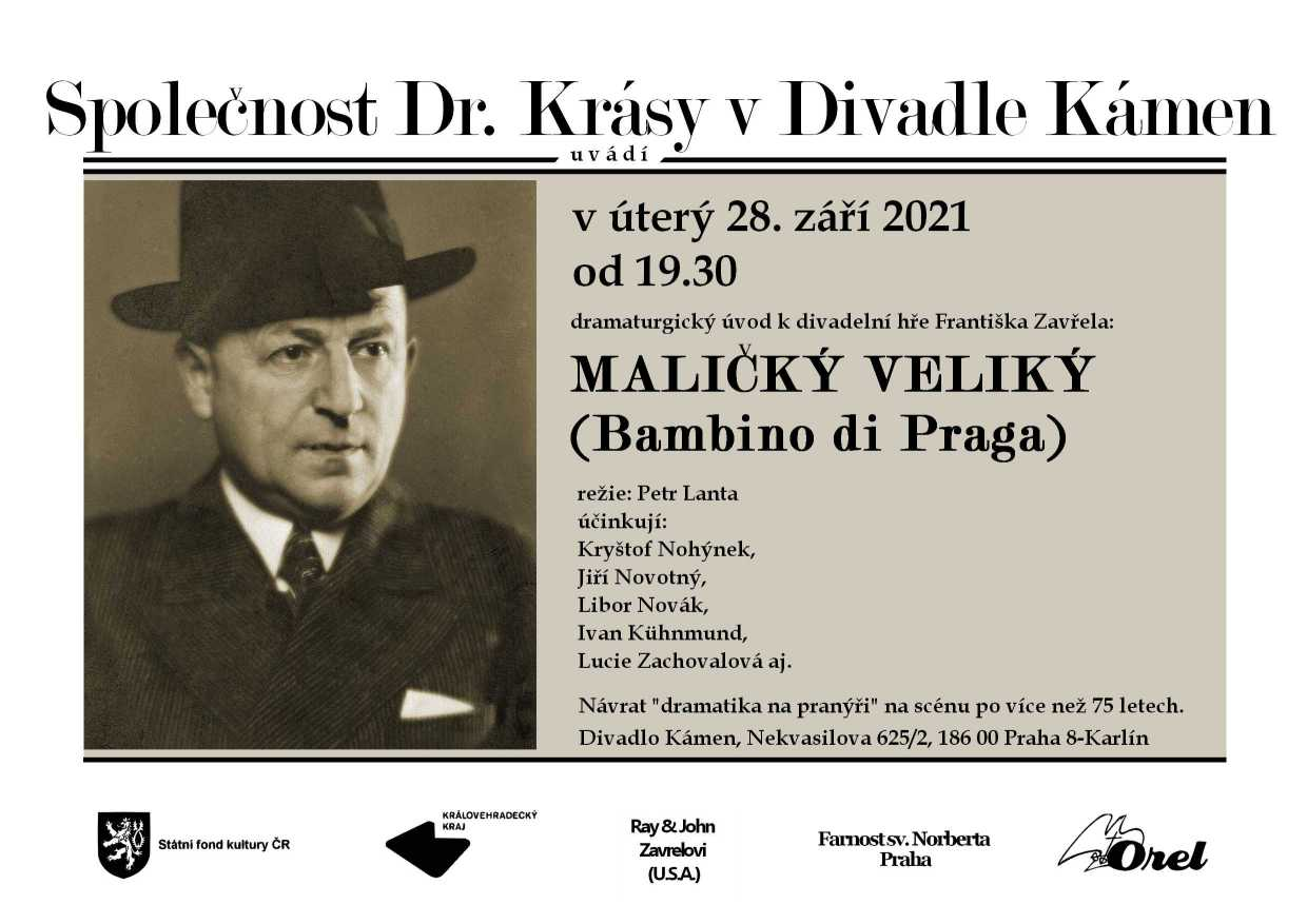 Plakát k dramaturgickému úvodu inscenace Maličký veliký (Bambino di Praga) 28. 9. 2021 v Divadle Kámen